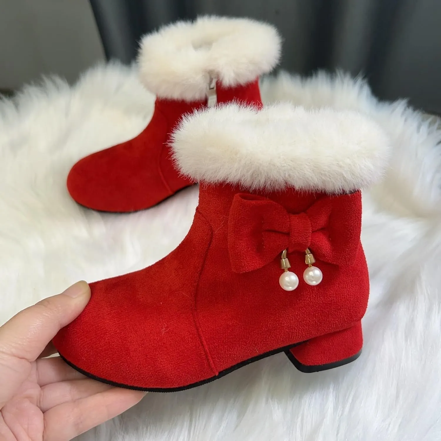 Girls Kids ow Heel Fuzzy Booties Bow Cotton Warm Shoes Boots Little Kid Thick Winter Dress Dance Ankle Shoes Comfy