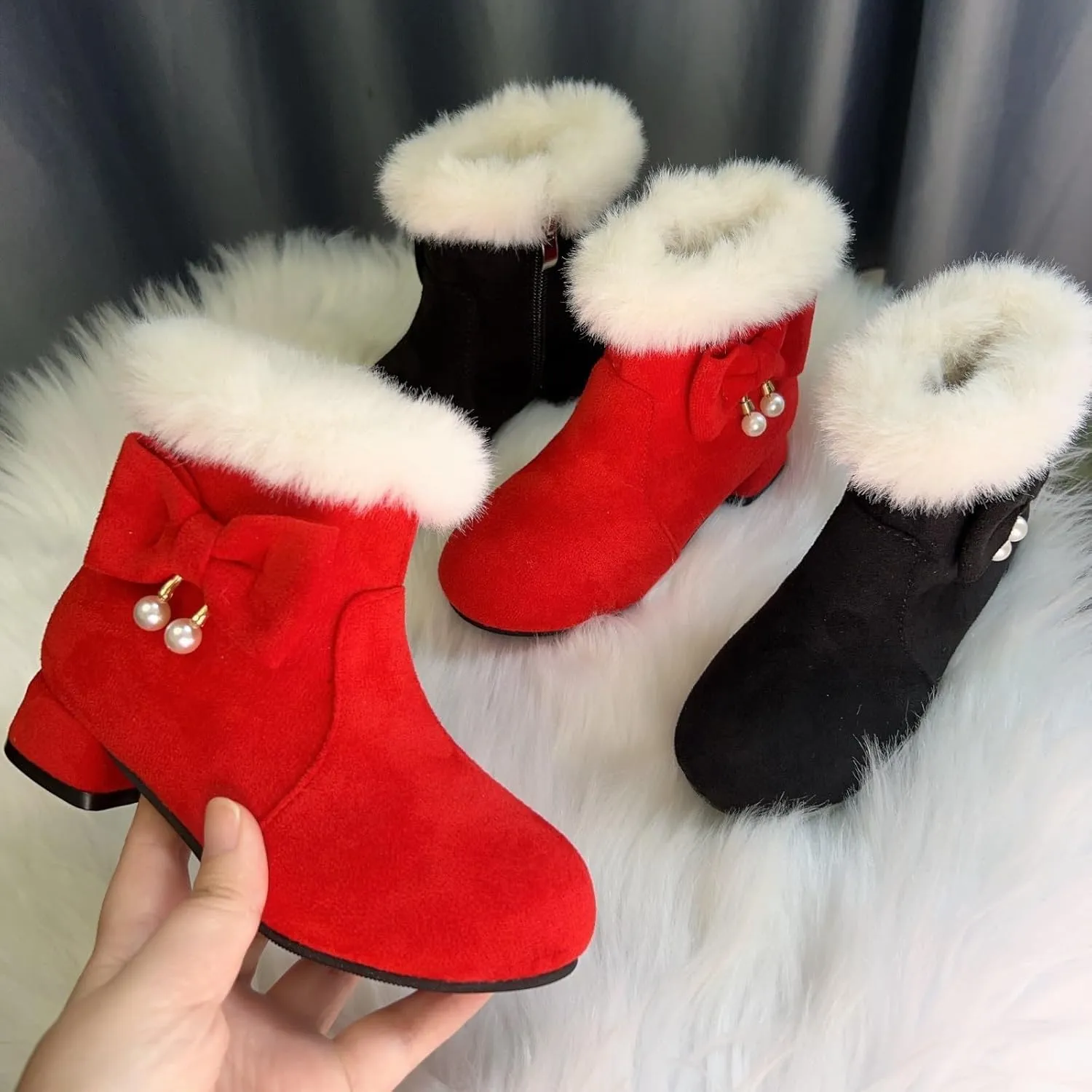 Girls Kids ow Heel Fuzzy Booties Bow Cotton Warm Shoes Boots Little Kid Thick Winter Dress Dance Ankle Shoes Comfy