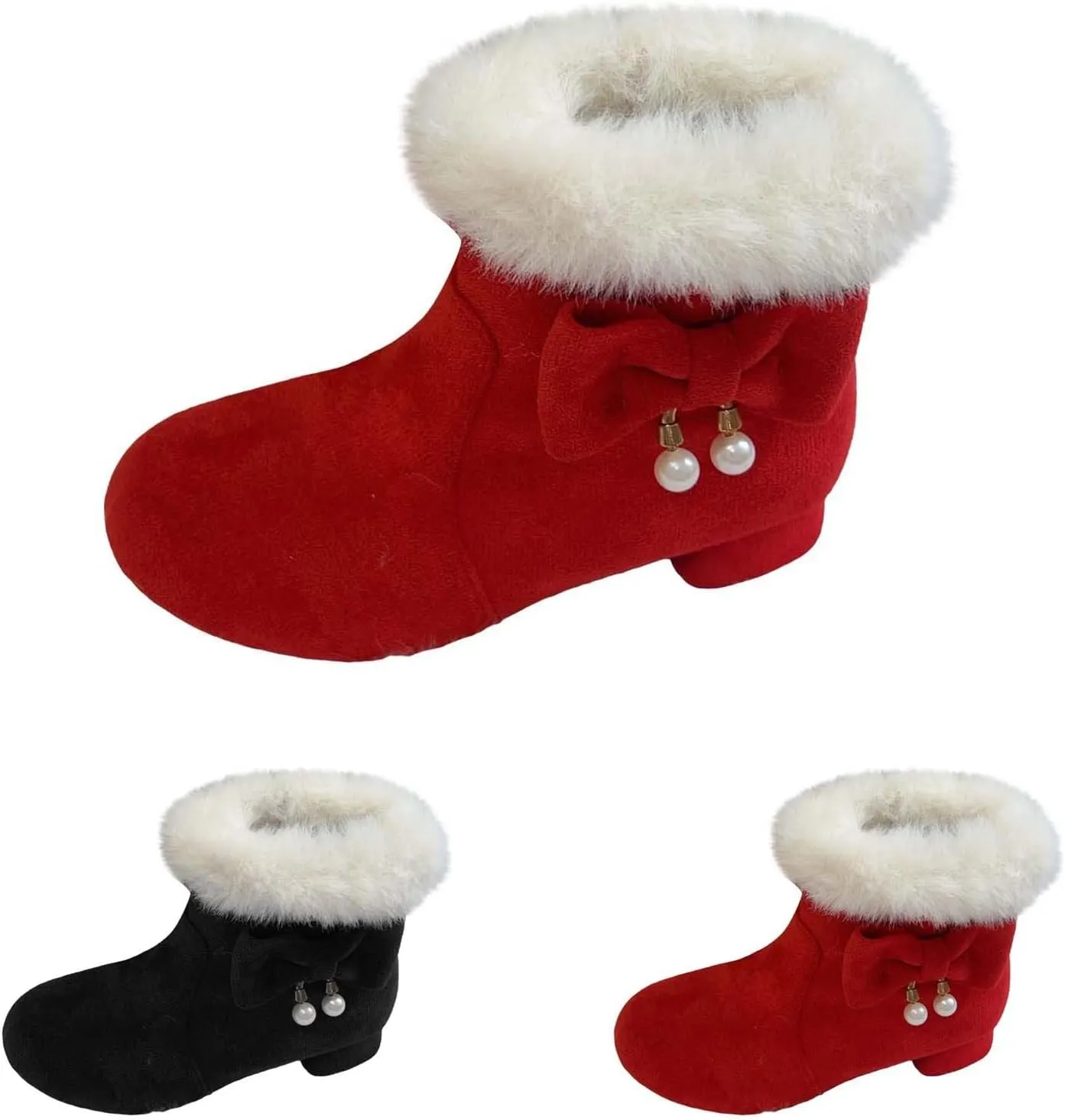 Girls Kids ow Heel Fuzzy Booties Bow Cotton Warm Shoes Boots Little Kid Thick Winter Dress Dance Ankle Shoes Comfy