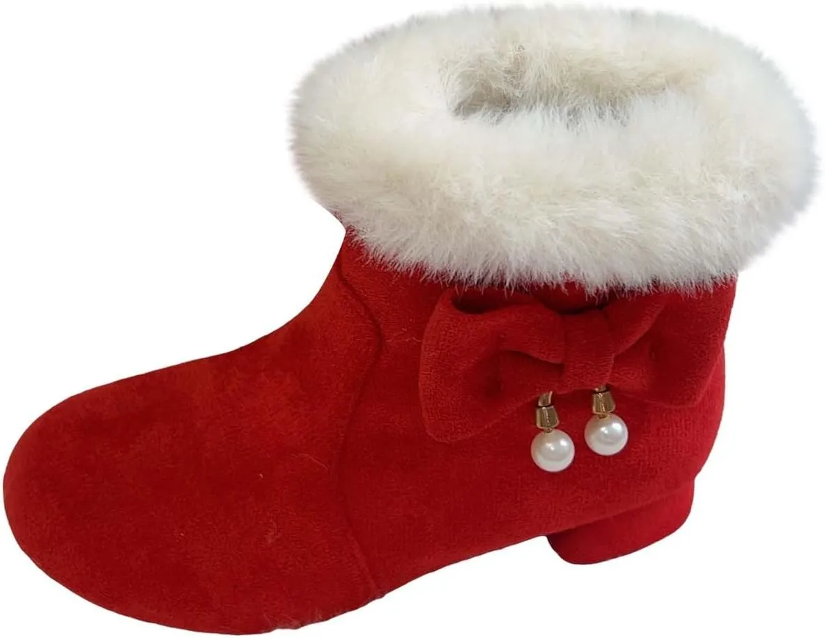 Girls Kids ow Heel Fuzzy Booties Bow Cotton Warm Shoes Boots Little Kid Thick Winter Dress Dance Ankle Shoes Comfy