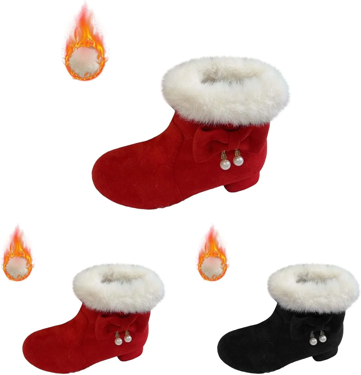 Girls Kids ow Heel Fuzzy Booties Bow Cotton Warm Shoes Boots Little Kid Thick Winter Dress Dance Ankle Shoes Comfy