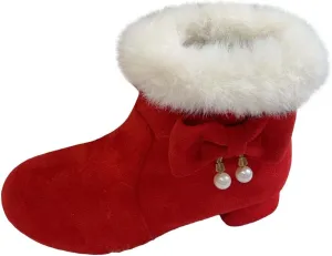 Girls Kids ow Heel Fuzzy Booties Bow Cotton Warm Shoes Boots Little Kid Thick Winter Dress Dance Ankle Shoes Comfy