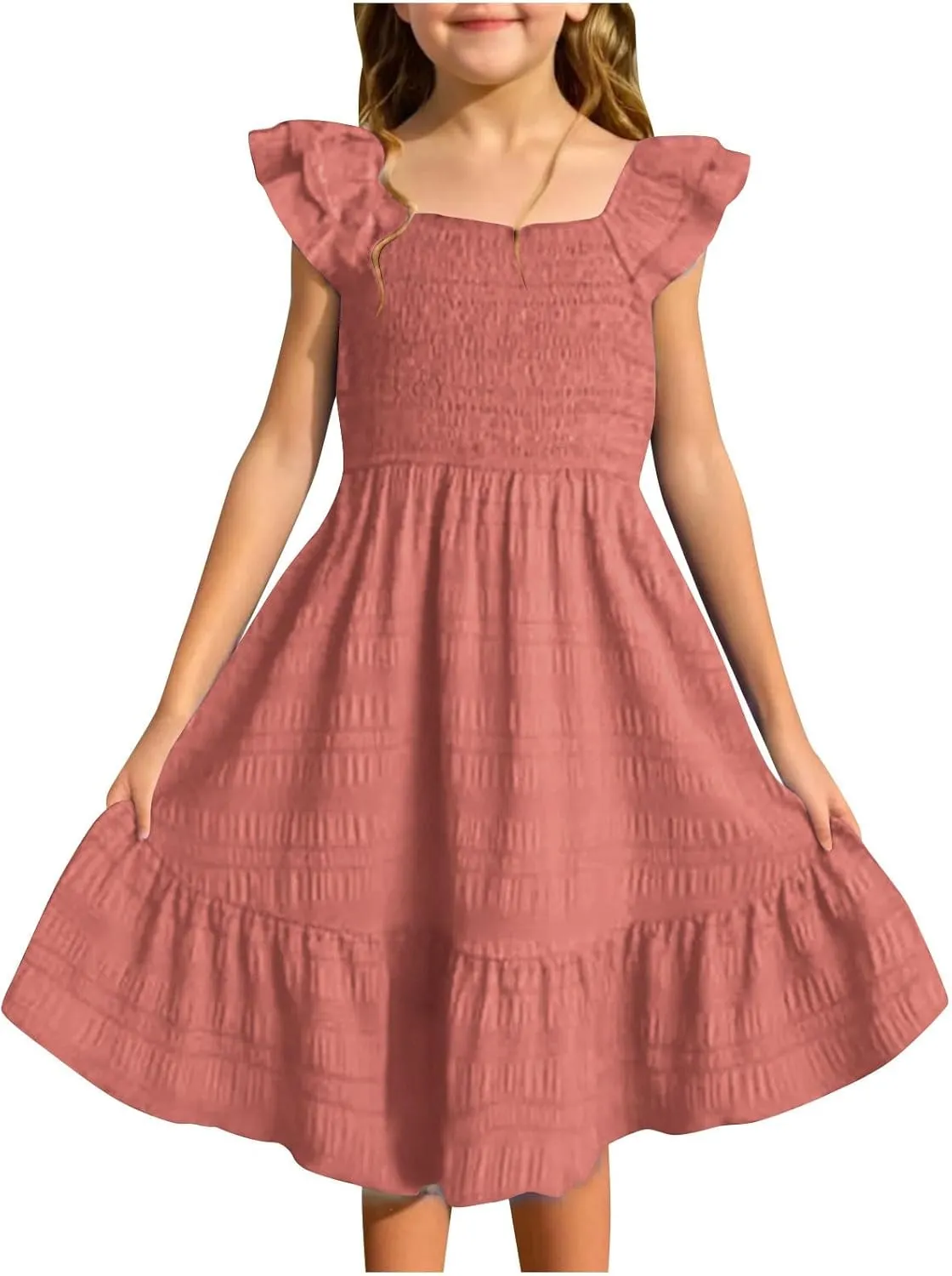Girls Summer Dresses Cute Ruffle Sleeve Smocked Flowy Kids Spring Dress Party Sundresses 3-12 Years