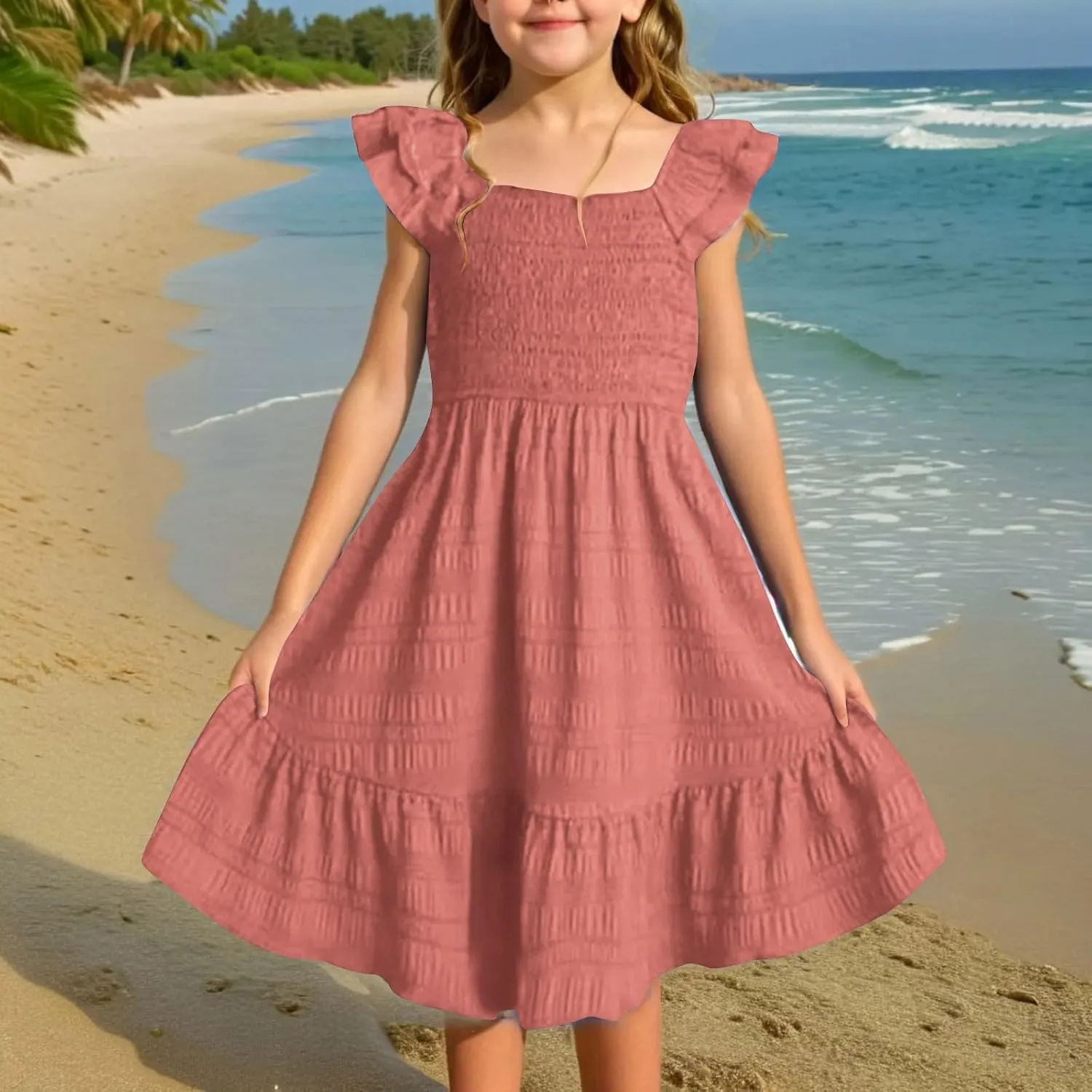 Girls Summer Dresses Cute Ruffle Sleeve Smocked Flowy Kids Spring Dress Party Sundresses 3-12 Years