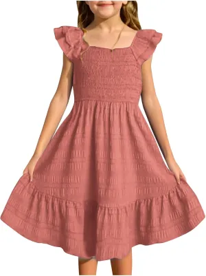 Girls Summer Dresses Cute Ruffle Sleeve Smocked Flowy Kids Spring Dress Party Sundresses 3-12 Years