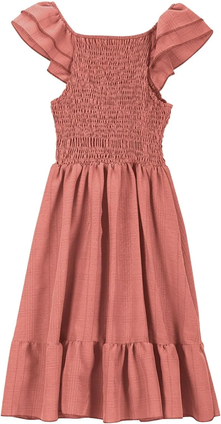 Girls Summer Dresses Cute Ruffle Sleeve Smocked Flowy Kids Spring Dress Party Sundresses 3-12 Years