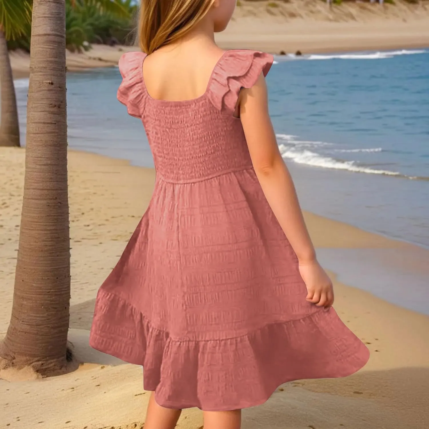 Girls Summer Dresses Cute Ruffle Sleeve Smocked Flowy Kids Spring Dress Party Sundresses 3-12 Years