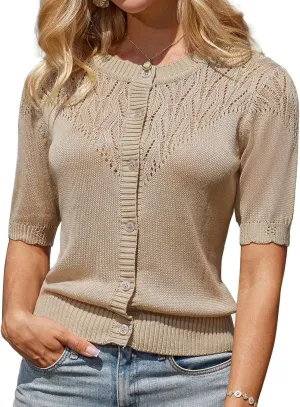GRACE KARIN 2025 Womens Summer Short Sleeve Sweater Cardigan Lightweight Crew Neck Sweater Crochet Knit Top