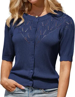 GRACE KARIN 2025 Womens Summer Short Sleeve Sweater Cardigan Lightweight Crew Neck Sweater Crochet Knit Top