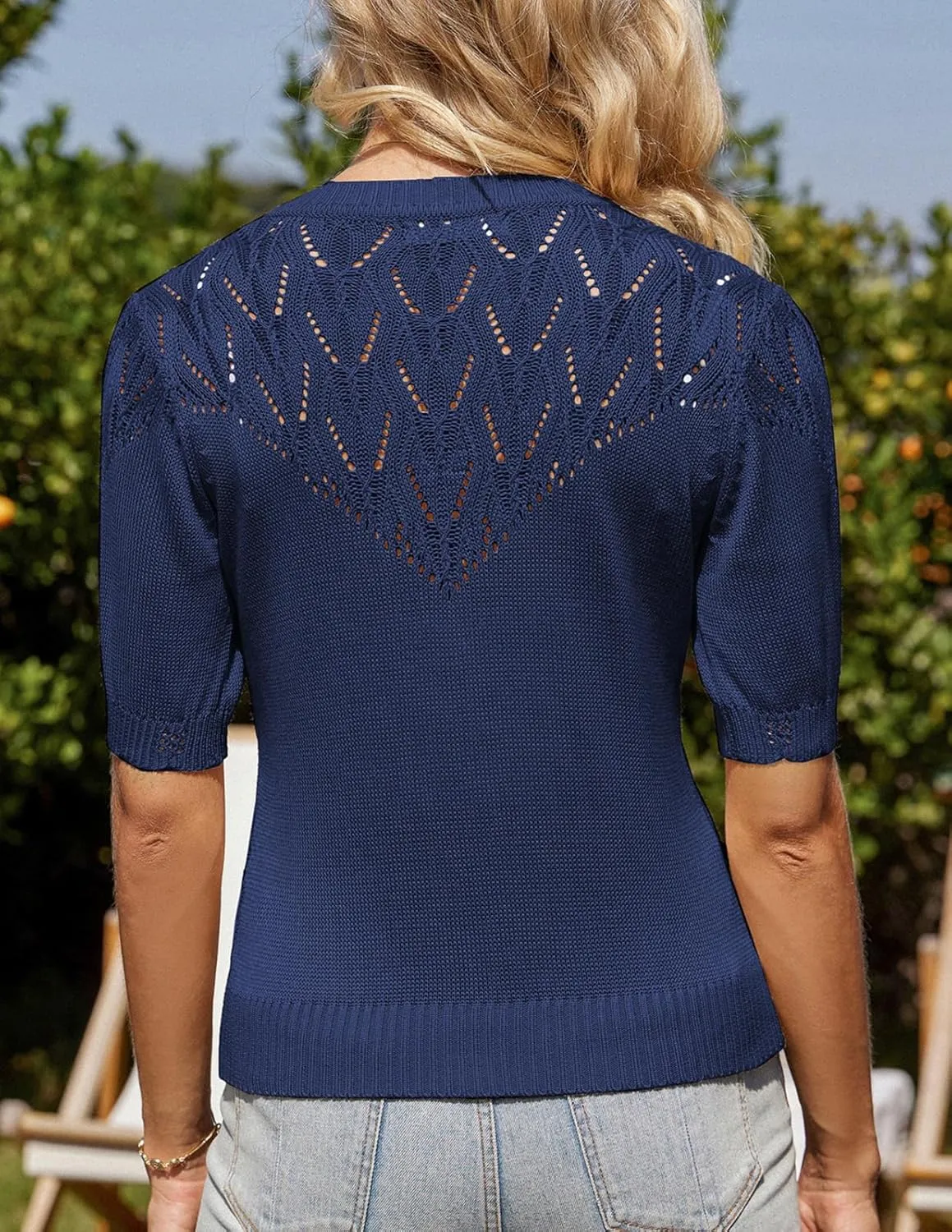 GRACE KARIN 2025 Womens Summer Short Sleeve Sweater Cardigan Lightweight Crew Neck Sweater Crochet Knit Top