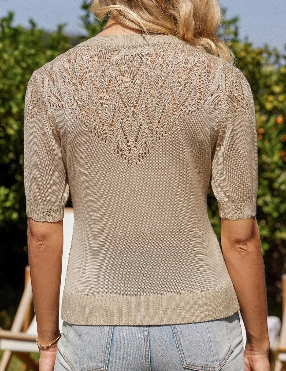 GRACE KARIN 2025 Womens Summer Short Sleeve Sweater Cardigan Lightweight Crew Neck Sweater Crochet Knit Top