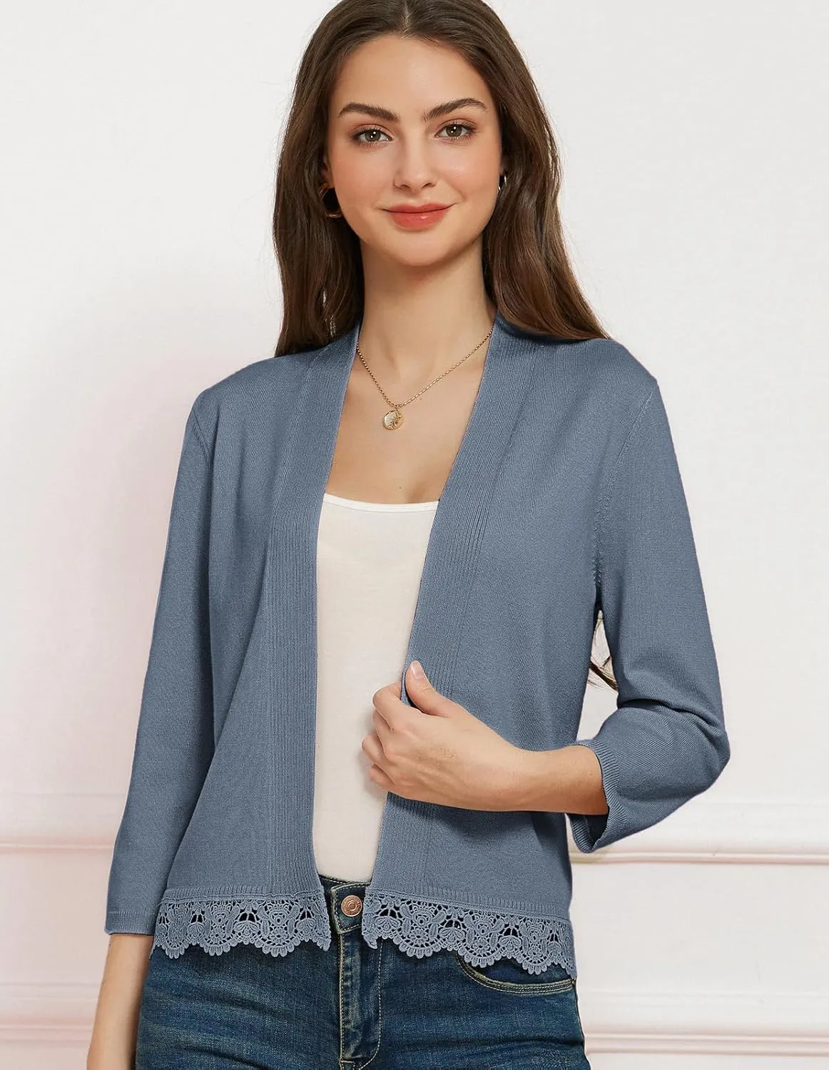 GRACE KARIN Women 3/4 Sleeve Cropped Cardigan Open Front V Neck Lace Lightweight Bolero Short Shrugs 2025 Summer