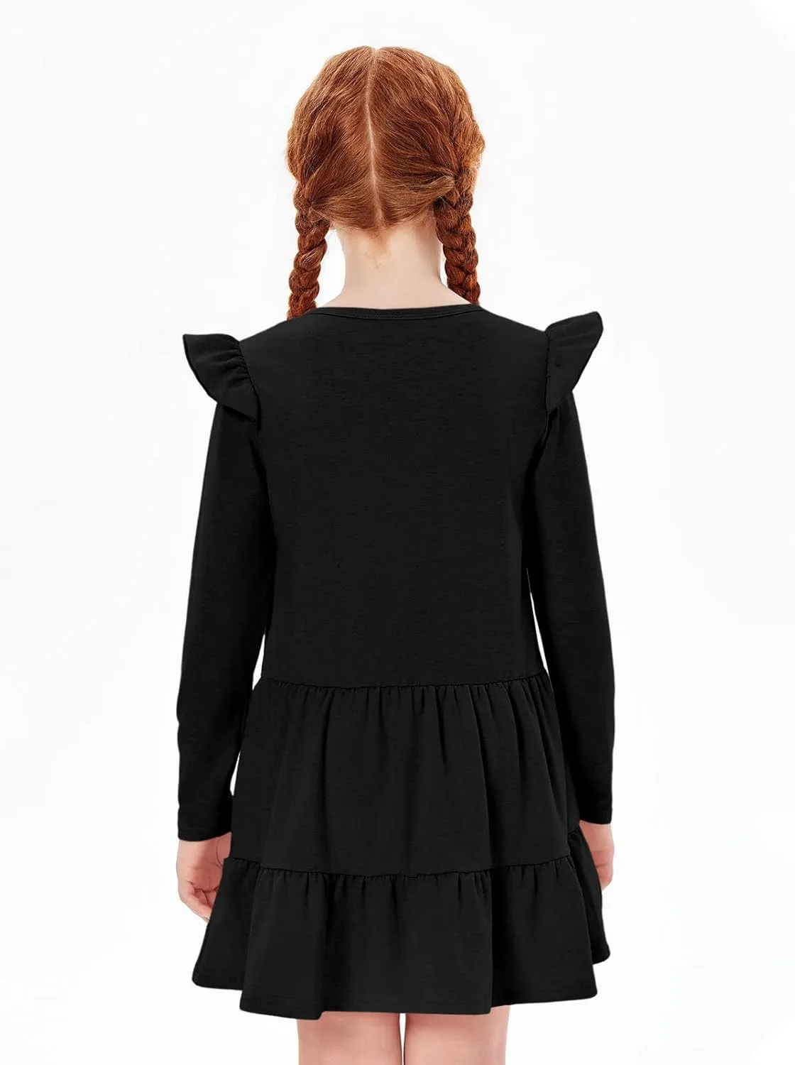 Haloumoning Girls Ruffle Long Sleeve Tiered Dresses Kids Fall Cute Flowy Crewneck Dress 5-14 Years