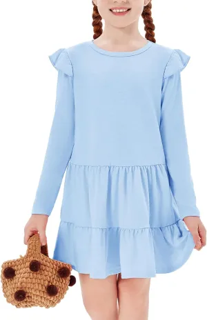 Haloumoning Girls Ruffle Long Sleeve Tiered Dresses Kids Fall Cute Flowy Crewneck Dress 5-14 Years