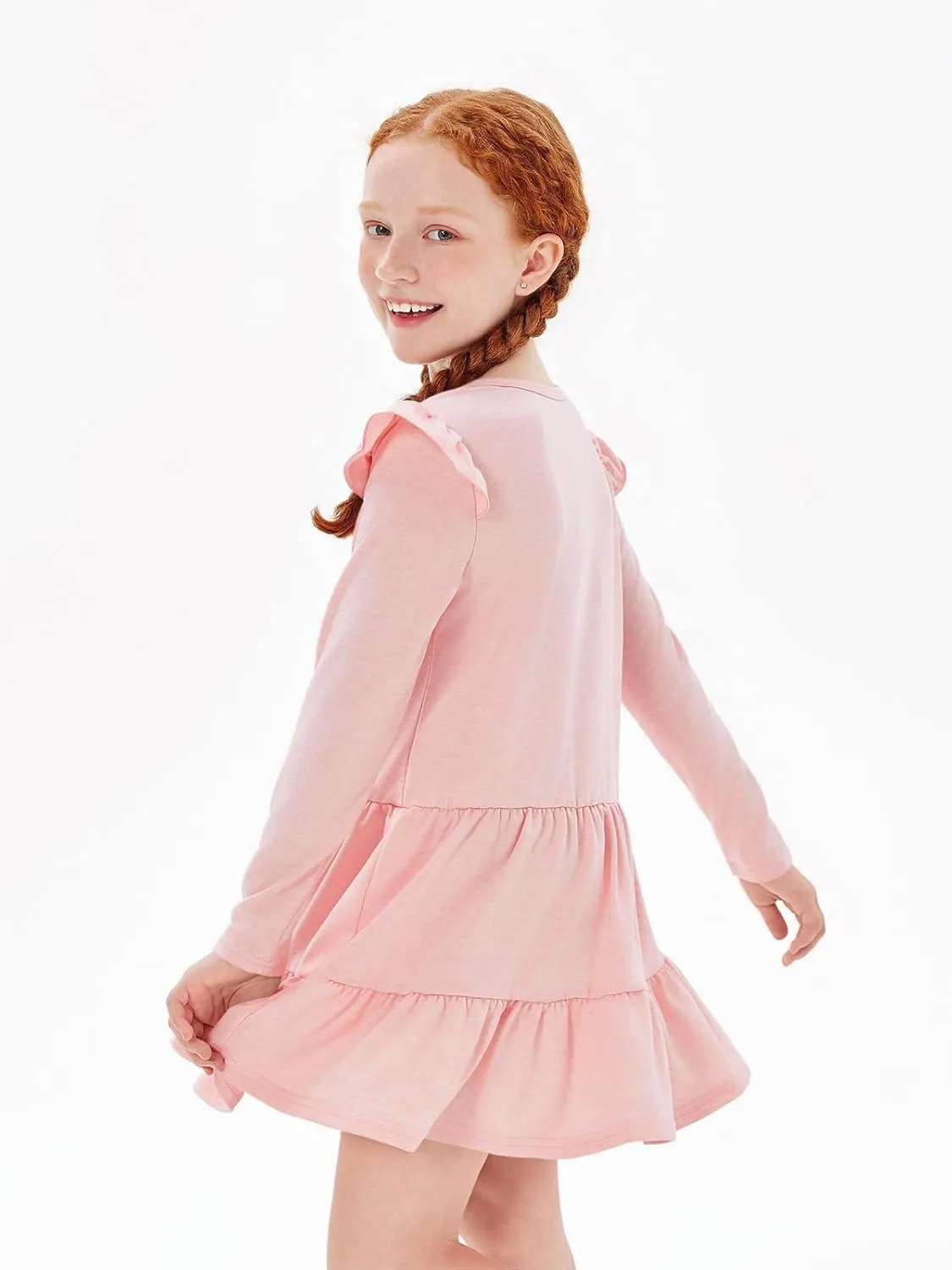Haloumoning Girls Ruffle Long Sleeve Tiered Dresses Kids Fall Cute Flowy Crewneck Dress 5-14 Years