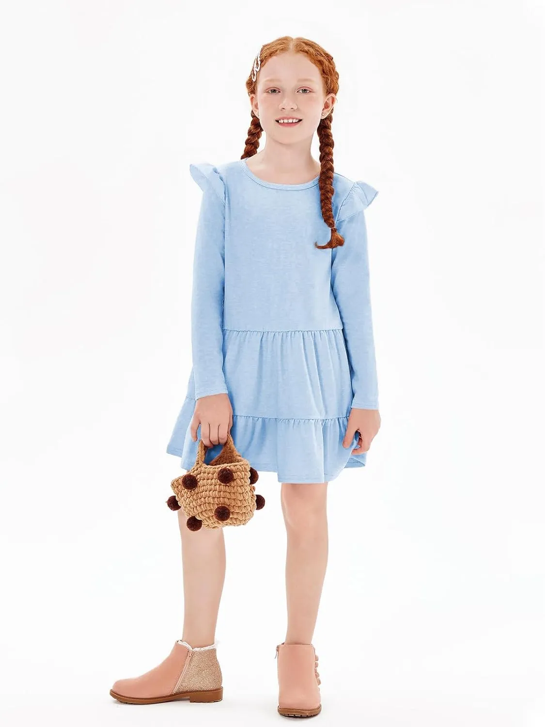 Haloumoning Girls Ruffle Long Sleeve Tiered Dresses Kids Fall Cute Flowy Crewneck Dress 5-14 Years