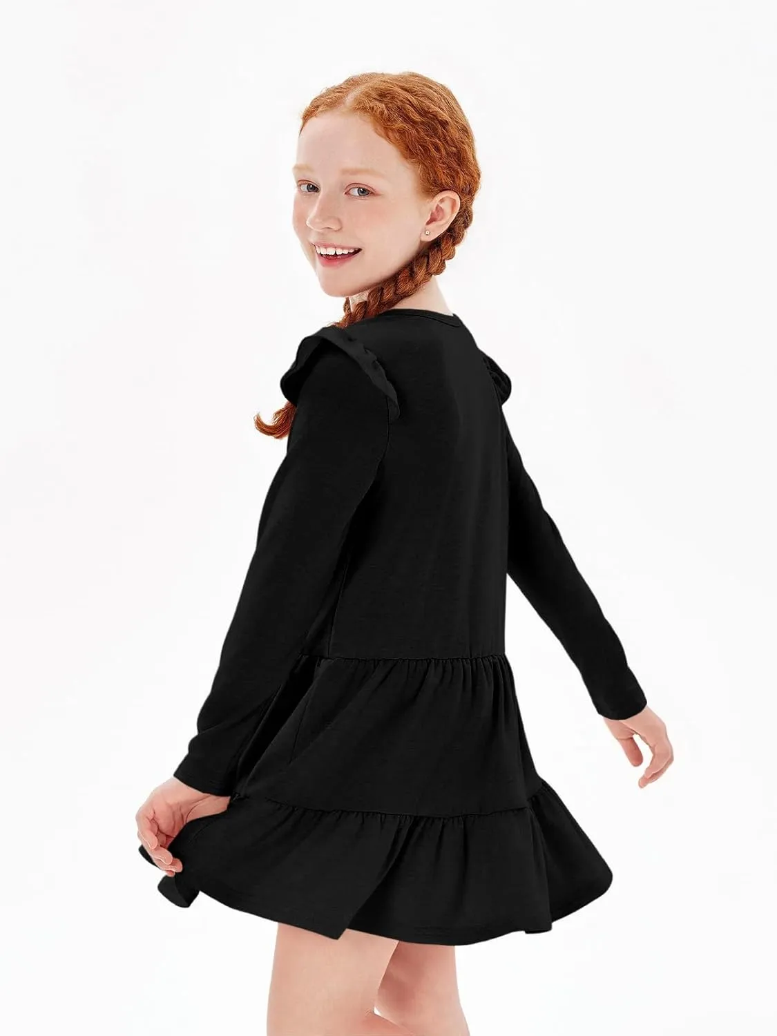 Haloumoning Girls Ruffle Long Sleeve Tiered Dresses Kids Fall Cute Flowy Crewneck Dress 5-14 Years