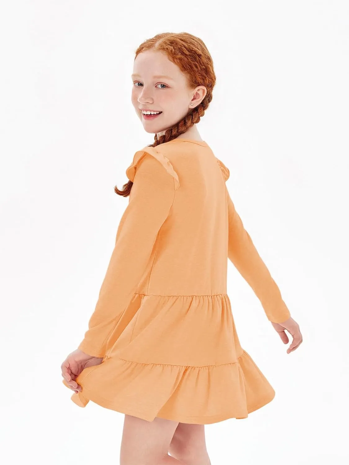 Haloumoning Girls Ruffle Long Sleeve Tiered Dresses Kids Fall Cute Flowy Crewneck Dress 5-14 Years