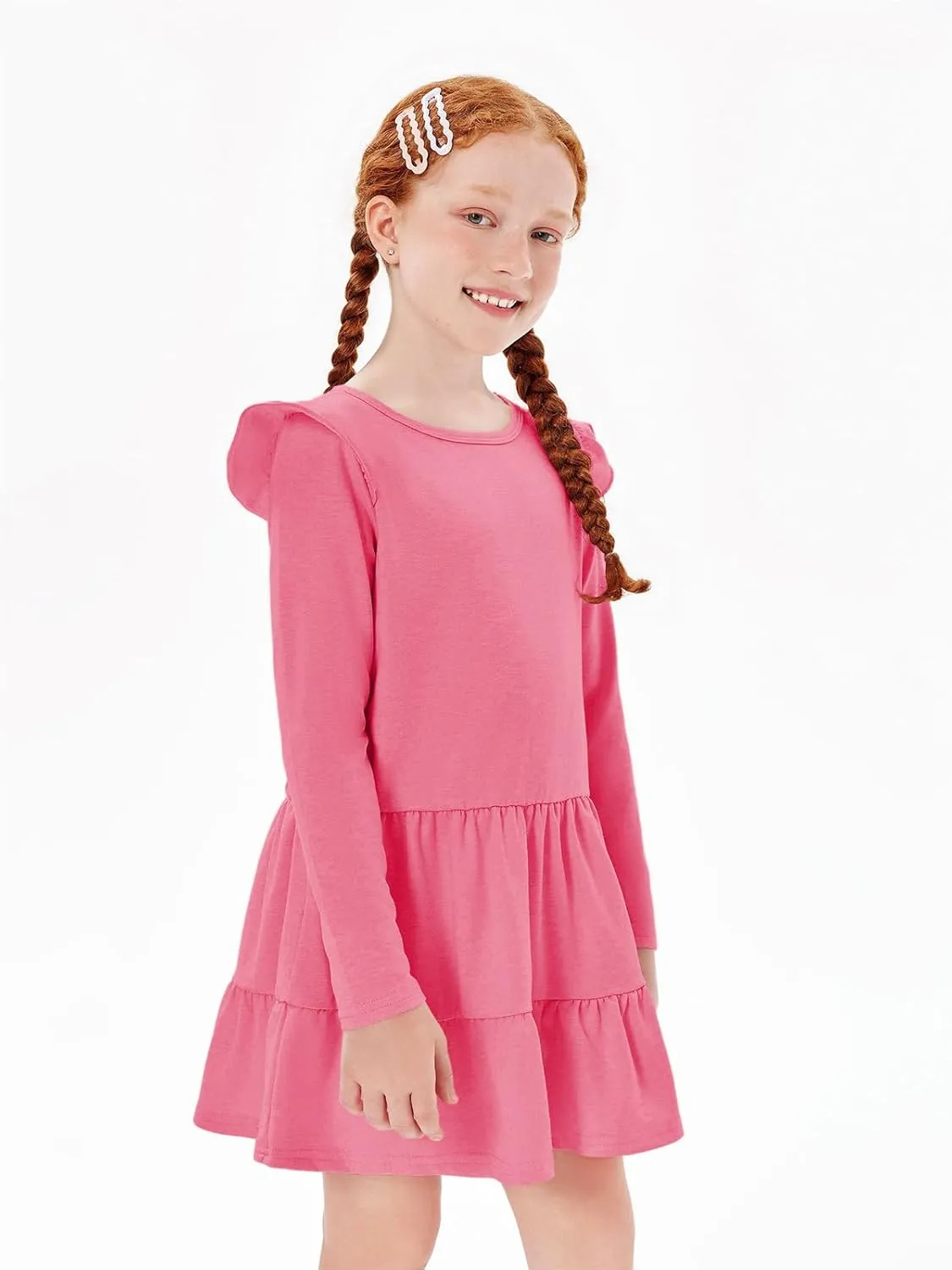 Haloumoning Girls Ruffle Long Sleeve Tiered Dresses Kids Fall Cute Flowy Crewneck Dress 5-14 Years
