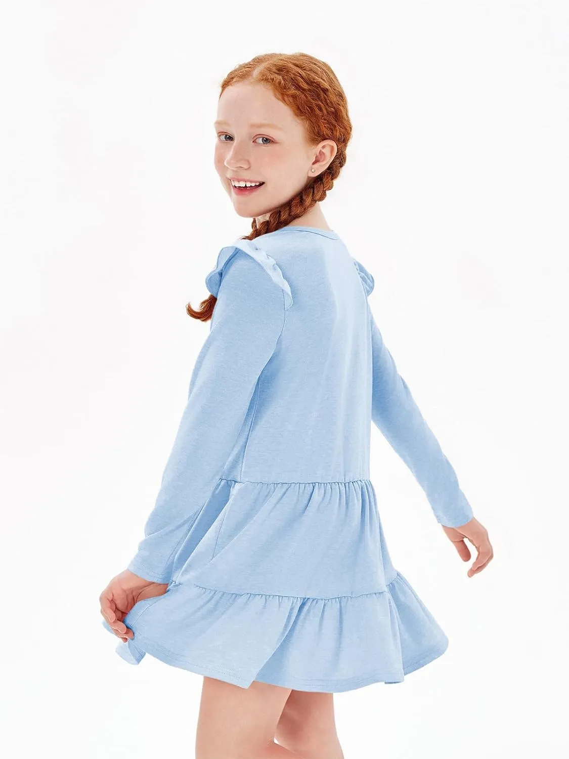 Haloumoning Girls Ruffle Long Sleeve Tiered Dresses Kids Fall Cute Flowy Crewneck Dress 5-14 Years