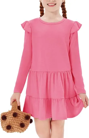 Haloumoning Girls Ruffle Long Sleeve Tiered Dresses Kids Fall Cute Flowy Crewneck Dress 5-14 Years