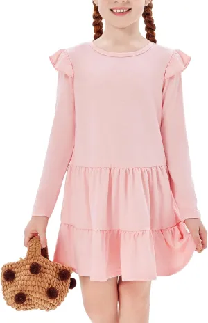 Haloumoning Girls Ruffle Long Sleeve Tiered Dresses Kids Fall Cute Flowy Crewneck Dress 5-14 Years