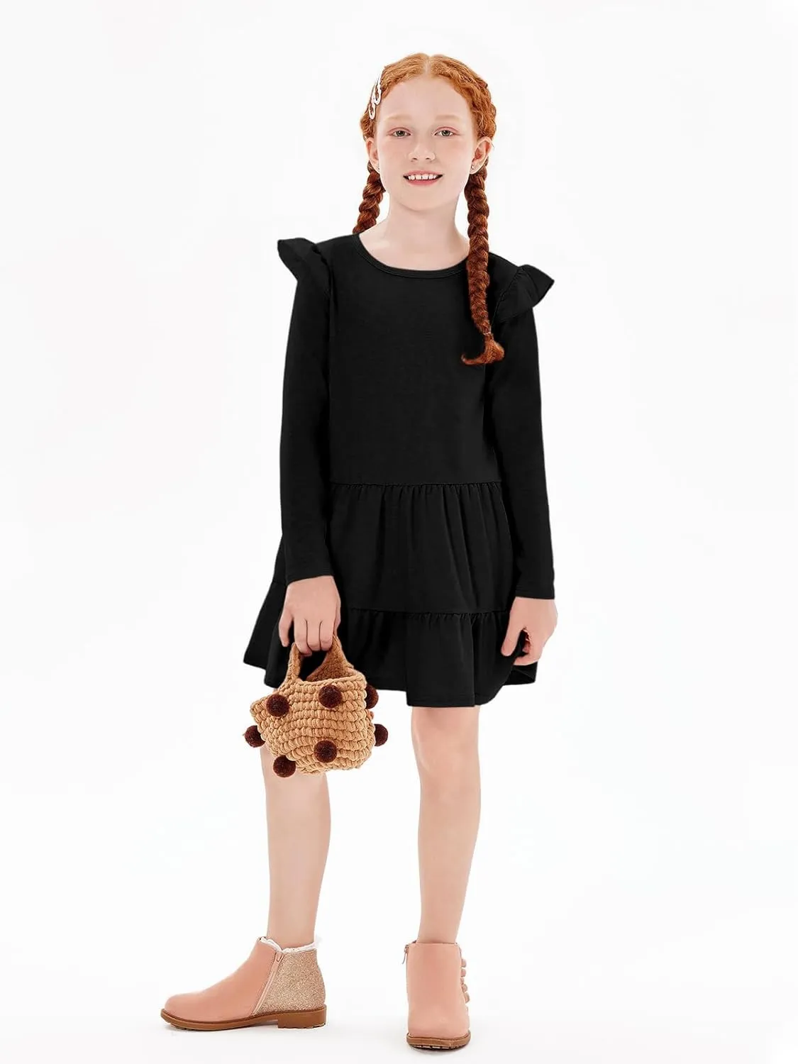 Haloumoning Girls Ruffle Long Sleeve Tiered Dresses Kids Fall Cute Flowy Crewneck Dress 5-14 Years