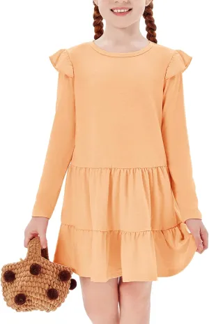 Haloumoning Girls Ruffle Long Sleeve Tiered Dresses Kids Fall Cute Flowy Crewneck Dress 5-14 Years