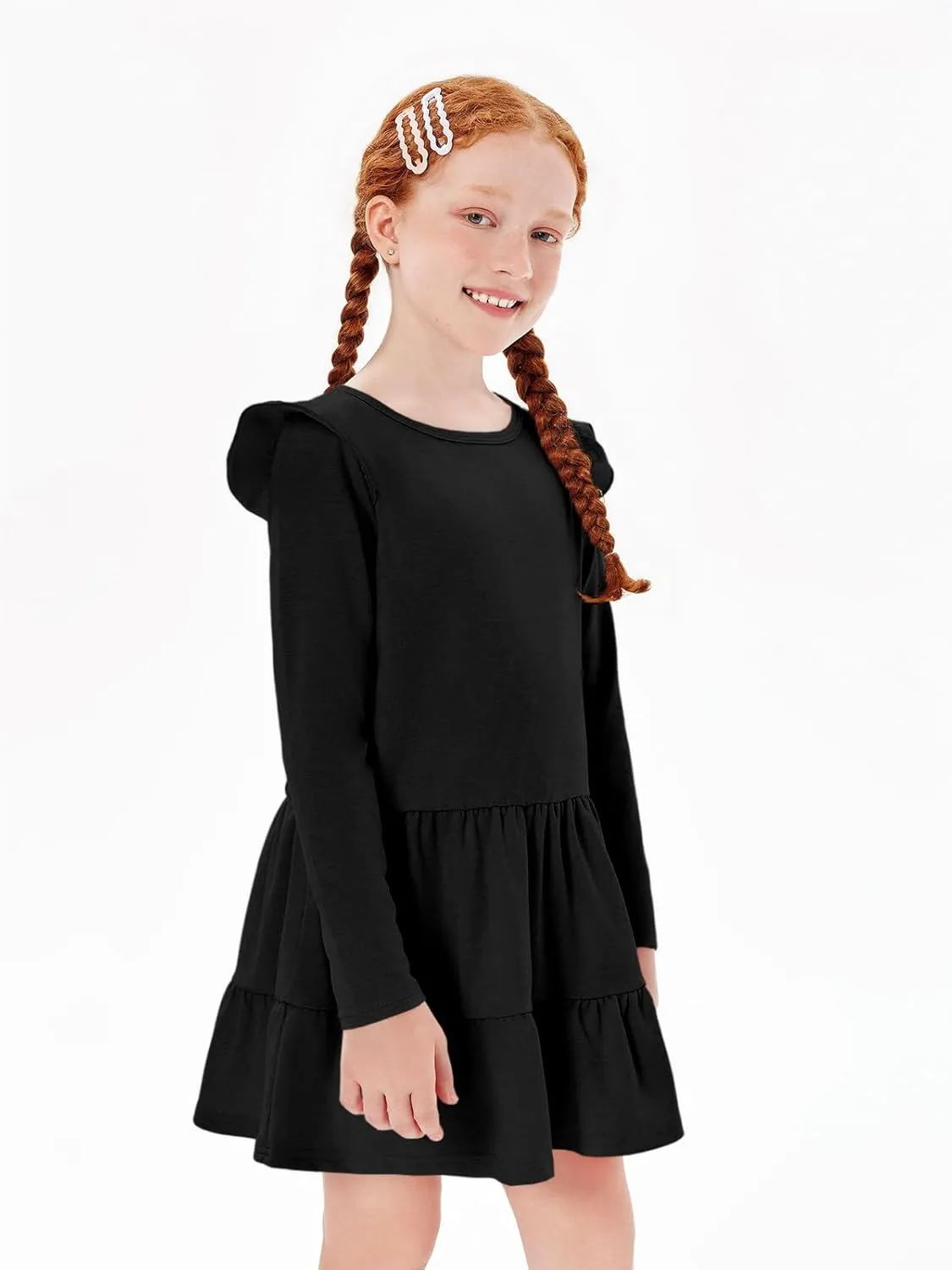 Haloumoning Girls Ruffle Long Sleeve Tiered Dresses Kids Fall Cute Flowy Crewneck Dress 5-14 Years