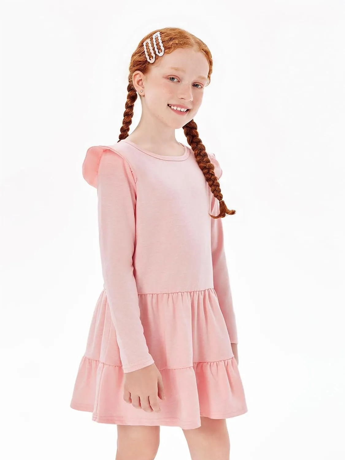 Haloumoning Girls Ruffle Long Sleeve Tiered Dresses Kids Fall Cute Flowy Crewneck Dress 5-14 Years