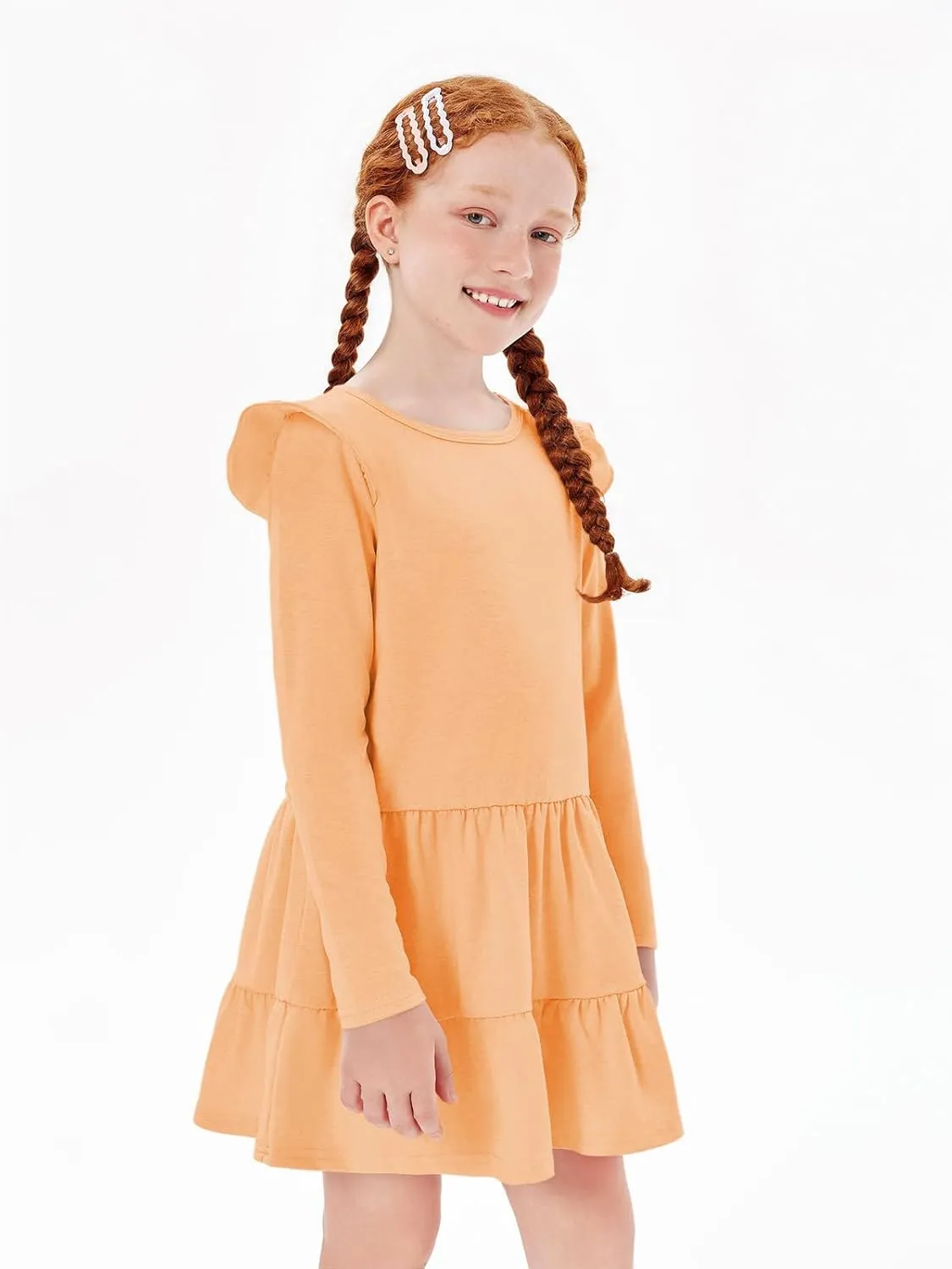 Haloumoning Girls Ruffle Long Sleeve Tiered Dresses Kids Fall Cute Flowy Crewneck Dress 5-14 Years