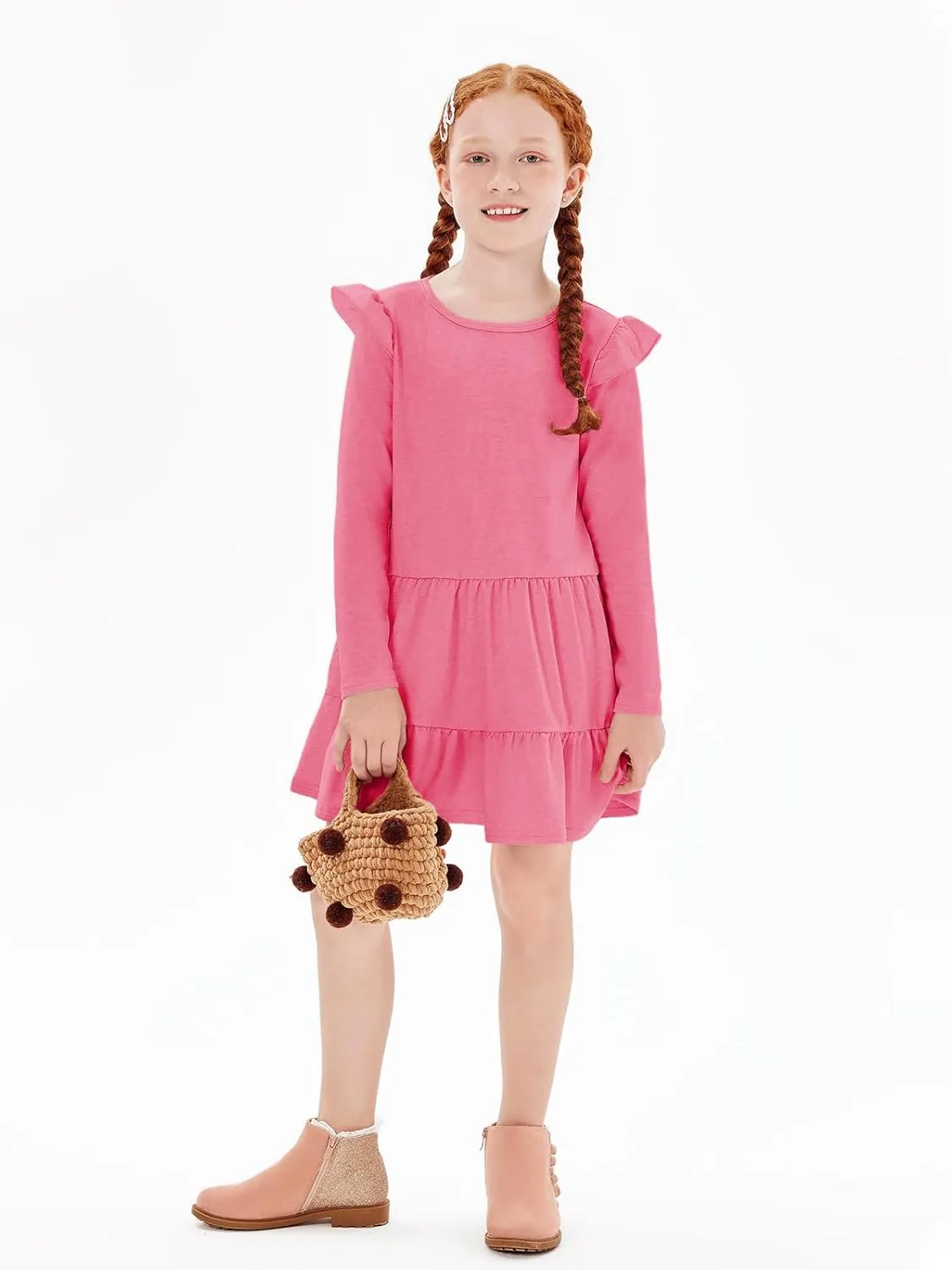 Haloumoning Girls Ruffle Long Sleeve Tiered Dresses Kids Fall Cute Flowy Crewneck Dress 5-14 Years