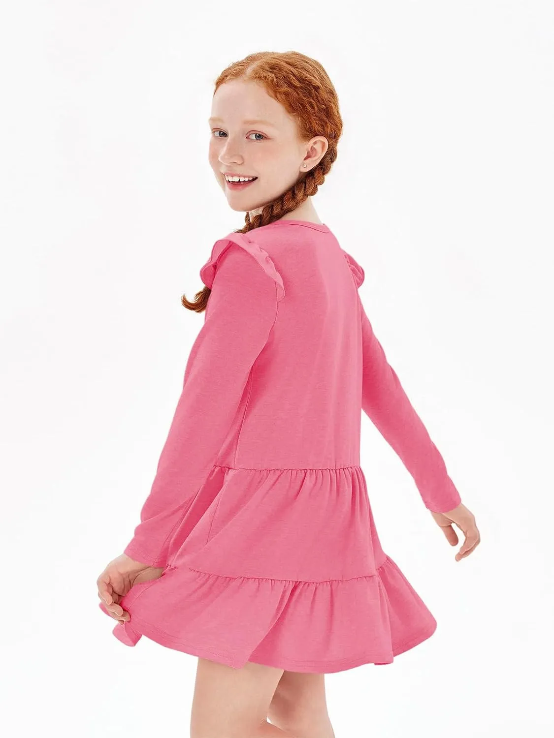 Haloumoning Girls Ruffle Long Sleeve Tiered Dresses Kids Fall Cute Flowy Crewneck Dress 5-14 Years