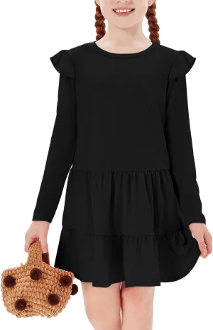 Haloumoning Girls Ruffle Long Sleeve Tiered Dresses Kids Fall Cute Flowy Crewneck Dress 5-14 Years