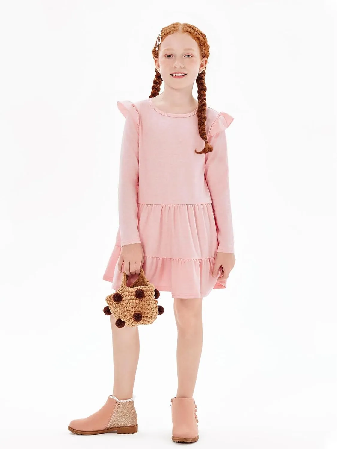 Haloumoning Girls Ruffle Long Sleeve Tiered Dresses Kids Fall Cute Flowy Crewneck Dress 5-14 Years