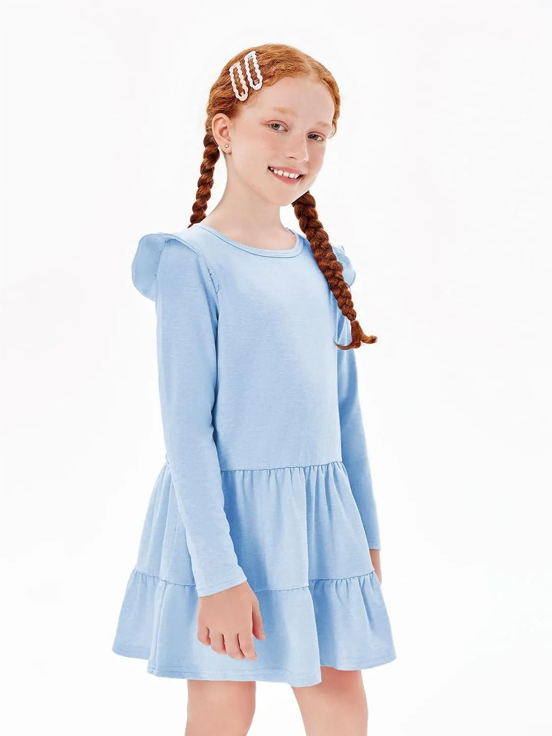 Haloumoning Girls Ruffle Long Sleeve Tiered Dresses Kids Fall Cute Flowy Crewneck Dress 5-14 Years