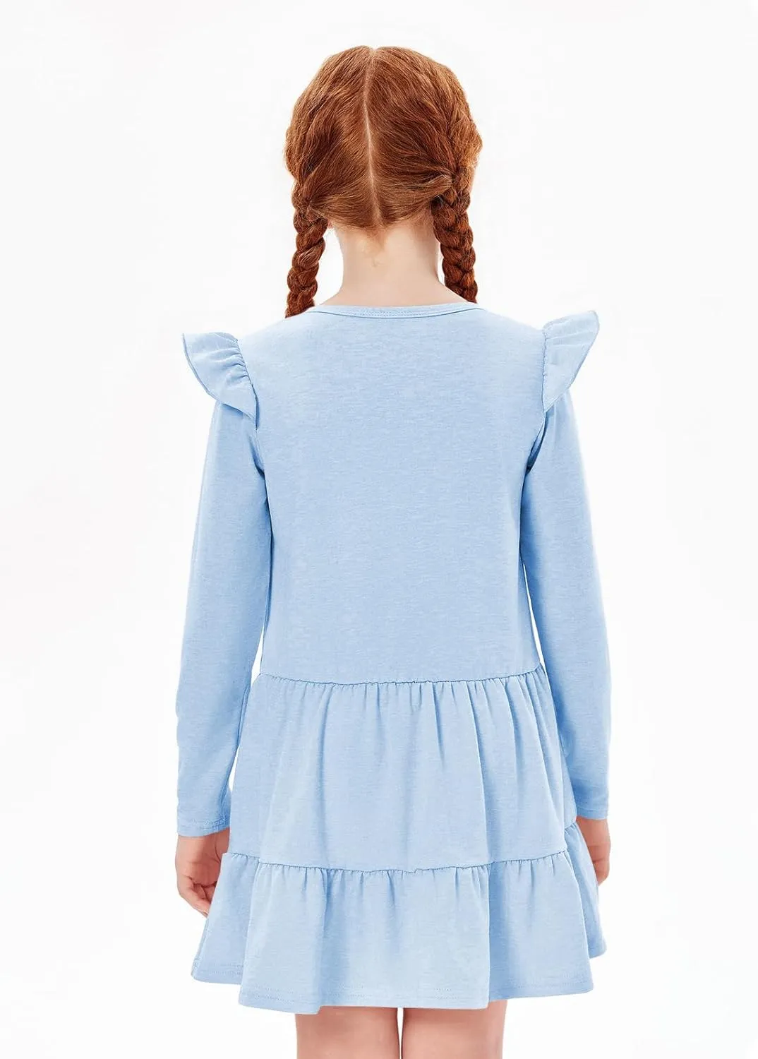 Haloumoning Girls Ruffle Long Sleeve Tiered Dresses Kids Fall Cute Flowy Crewneck Dress 5-14 Years