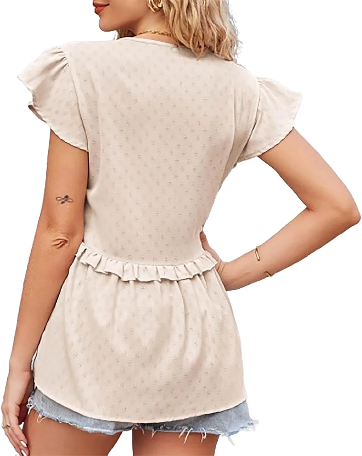 Hollow Out Shirts for Women Summer V Neck Trendy Button Tunics Tops Ruffle Short Sleeve Dressy Casual Blouses