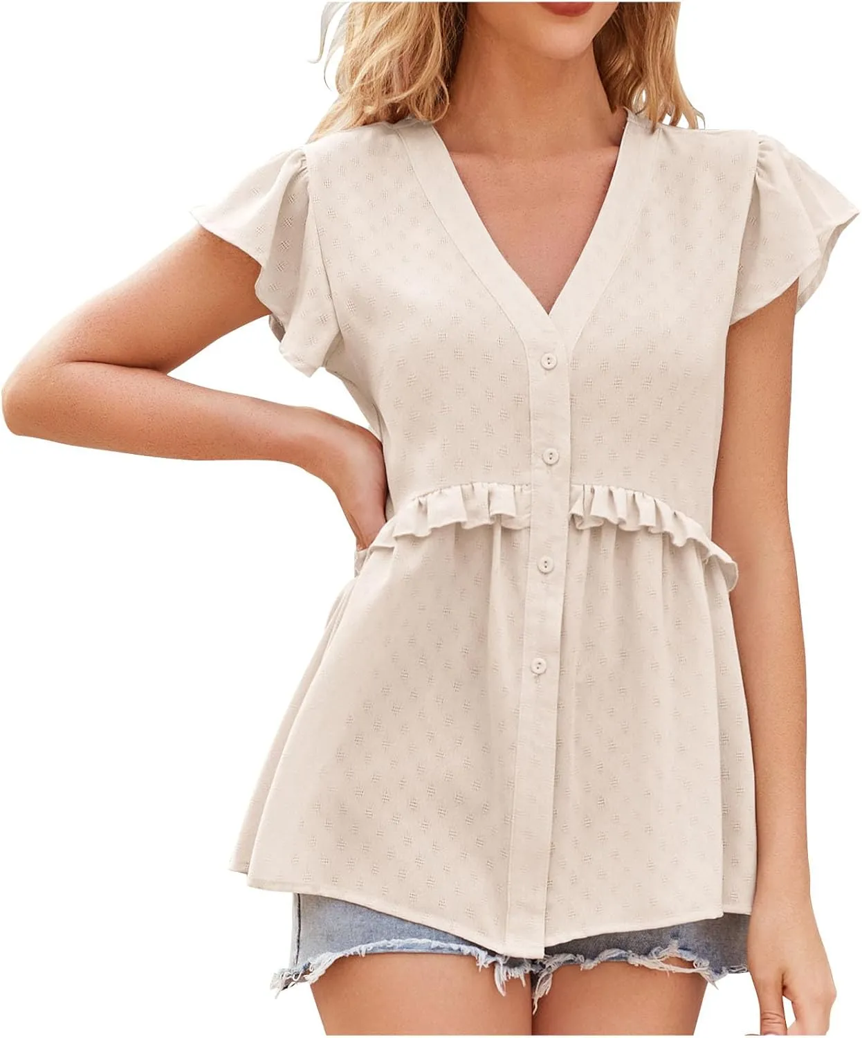 Hollow Out Shirts for Women Summer V Neck Trendy Button Tunics Tops Ruffle Short Sleeve Dressy Casual Blouses