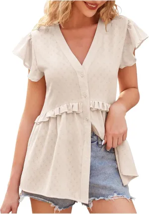 Hollow Out Shirts for Women Summer V Neck Trendy Button Tunics Tops Ruffle Short Sleeve Dressy Casual Blouses