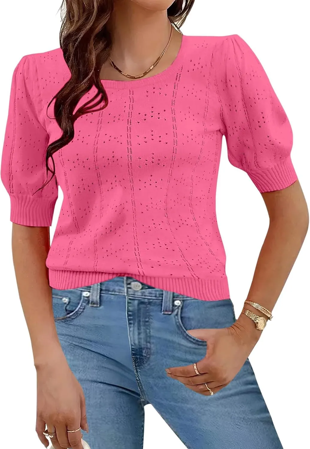 HOTOUCH Sweater for Women 2024 Fall Trendy Puff Tops Casual Eyelet Knit Square Neck Tunic Shirt Blouses S-XXL