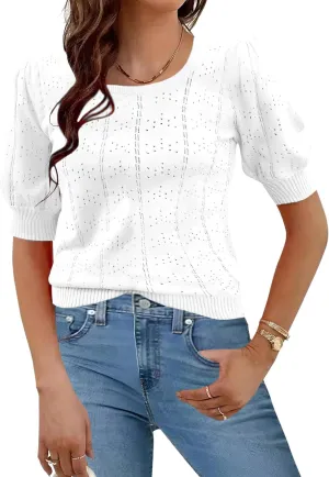 HOTOUCH Sweater for Women 2024 Fall Trendy Puff Tops Casual Eyelet Knit Square Neck Tunic Shirt Blouses S-XXL