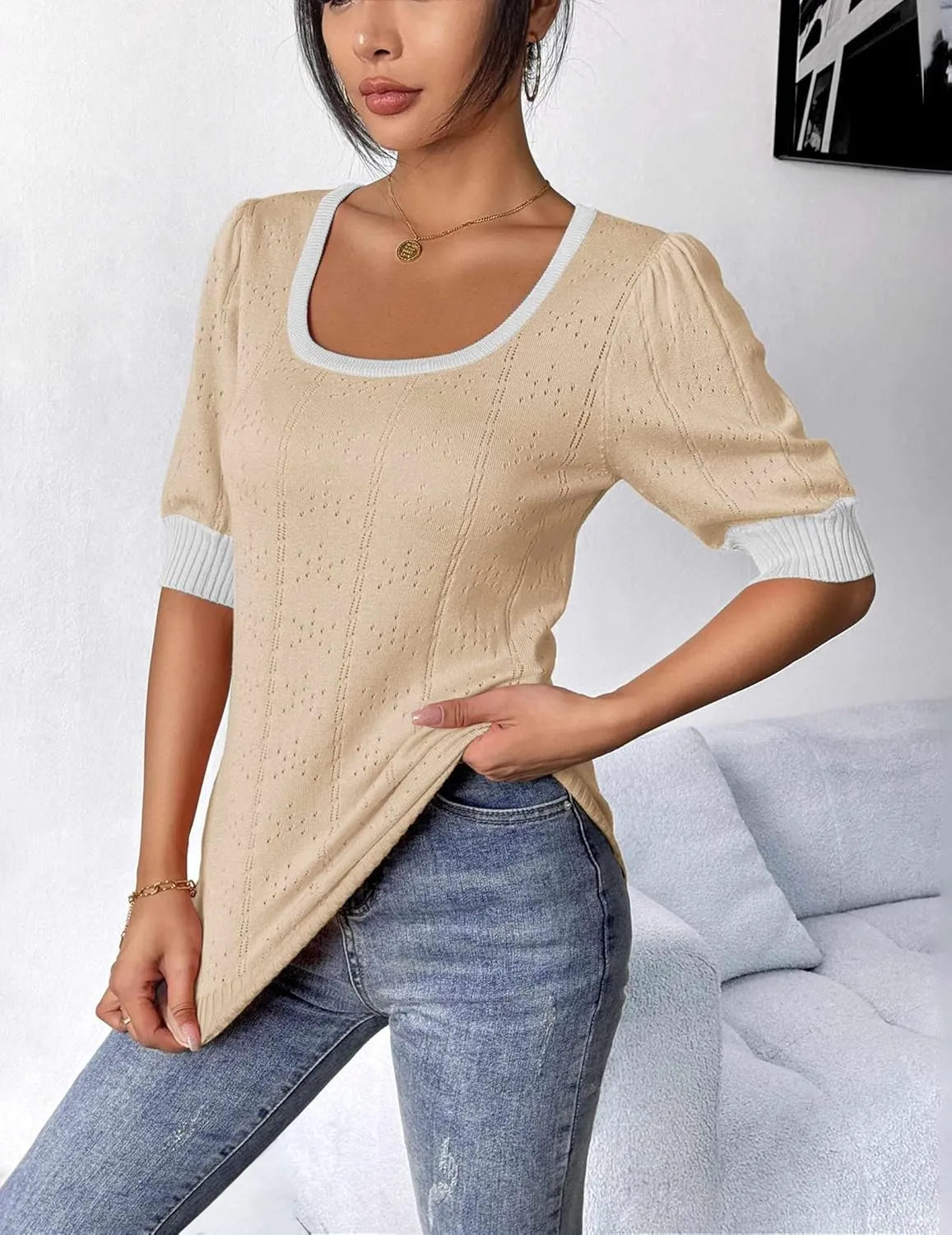 HOTOUCH Sweater for Women 2024 Fall Trendy Puff Tops Casual Eyelet Knit Square Neck Tunic Shirt Blouses S-XXL