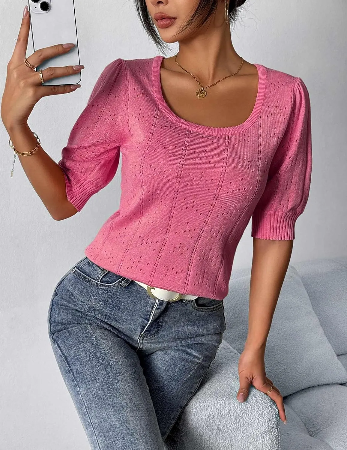 HOTOUCH Sweater for Women 2024 Fall Trendy Puff Tops Casual Eyelet Knit Square Neck Tunic Shirt Blouses S-XXL