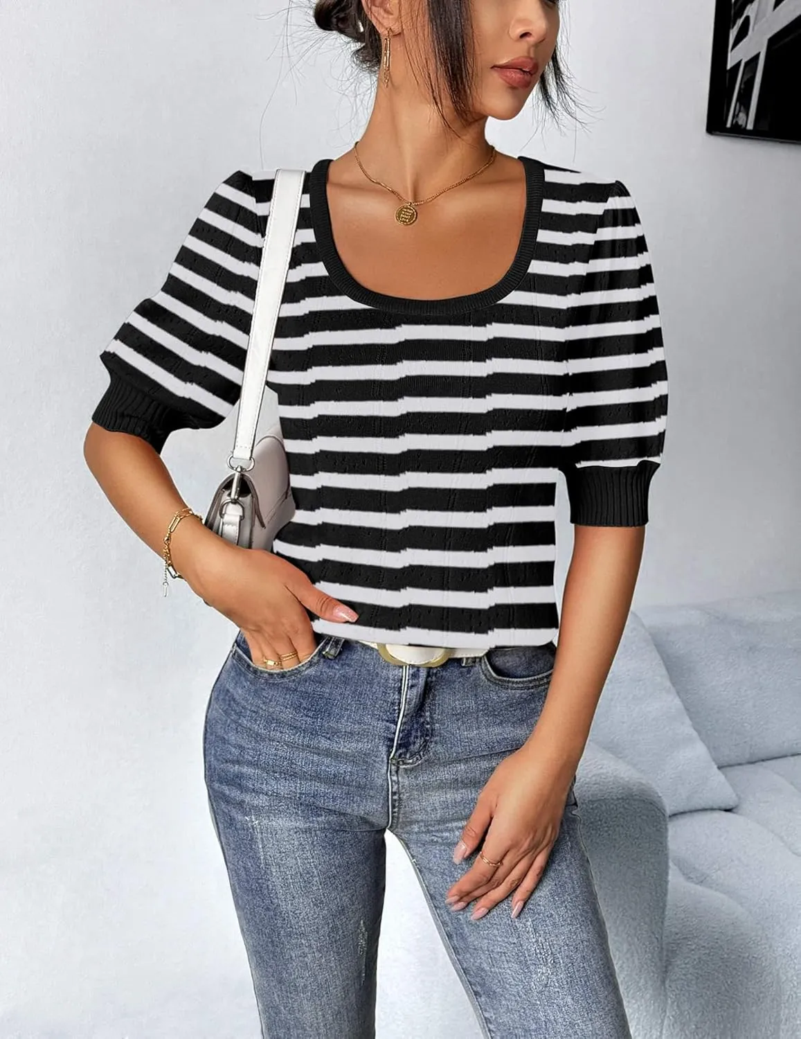 HOTOUCH Sweater for Women 2024 Fall Trendy Puff Tops Casual Eyelet Knit Square Neck Tunic Shirt Blouses S-XXL