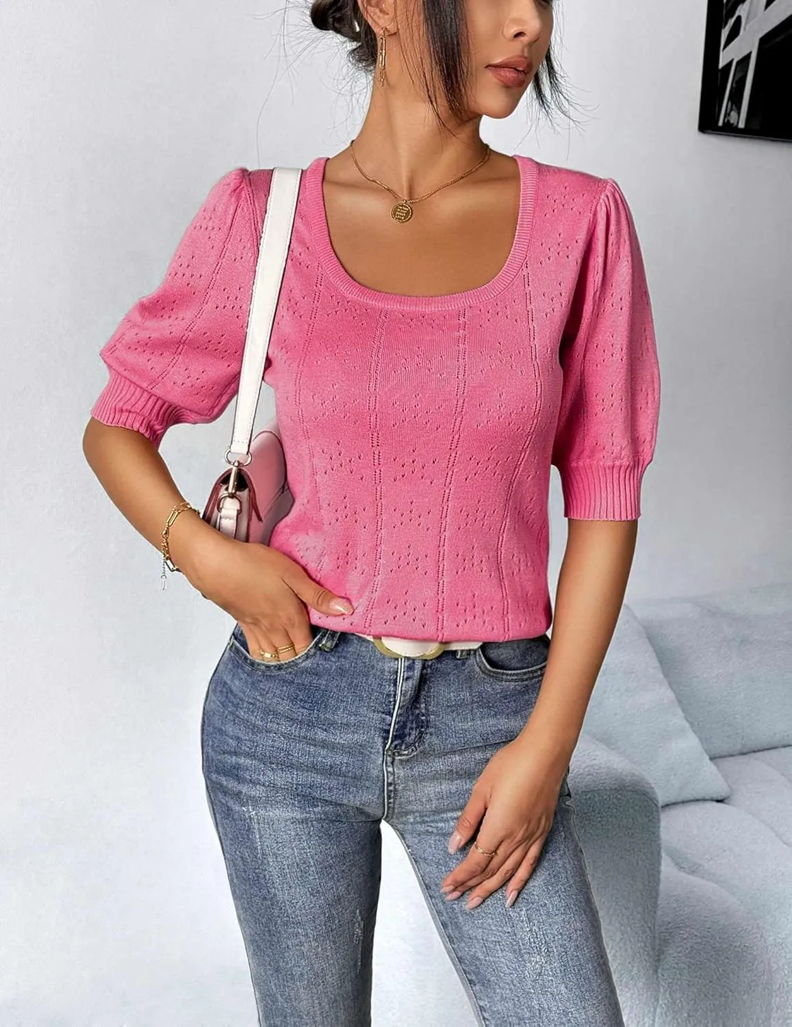 HOTOUCH Sweater for Women 2024 Fall Trendy Puff Tops Casual Eyelet Knit Square Neck Tunic Shirt Blouses S-XXL