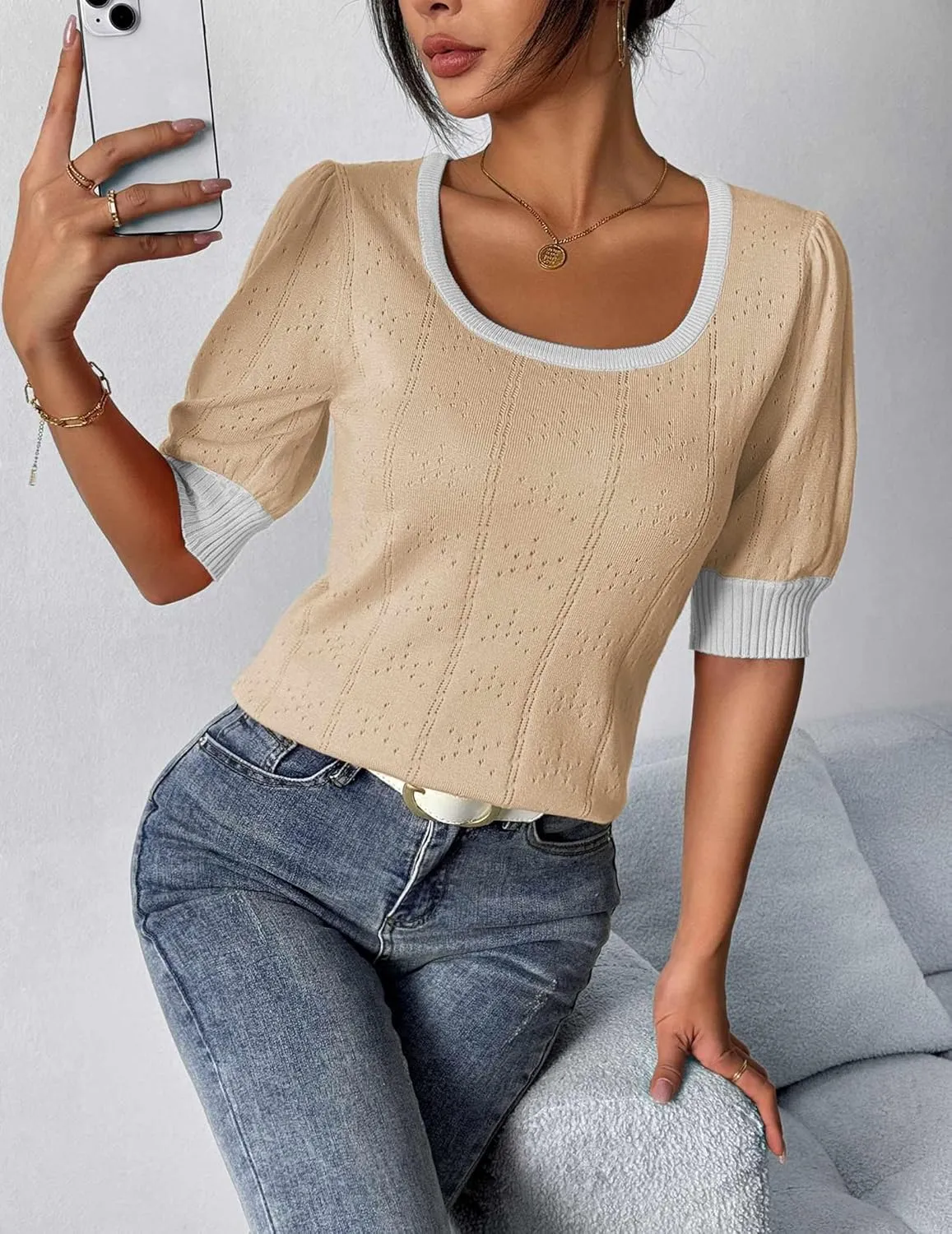 HOTOUCH Sweater for Women 2024 Fall Trendy Puff Tops Casual Eyelet Knit Square Neck Tunic Shirt Blouses S-XXL