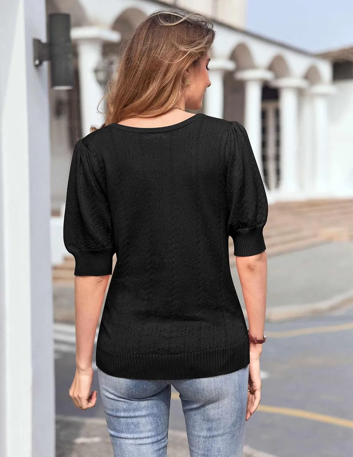 HOTOUCH Sweater for Women 2024 Fall Trendy Puff Tops Casual Eyelet Knit Square Neck Tunic Shirt Blouses S-XXL