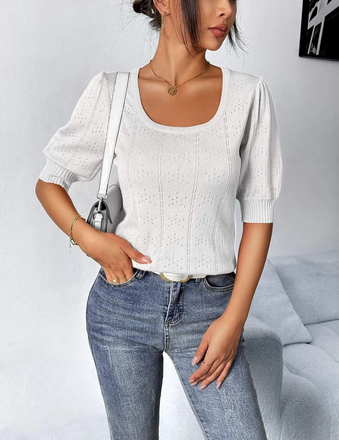 HOTOUCH Sweater for Women 2024 Fall Trendy Puff Tops Casual Eyelet Knit Square Neck Tunic Shirt Blouses S-XXL