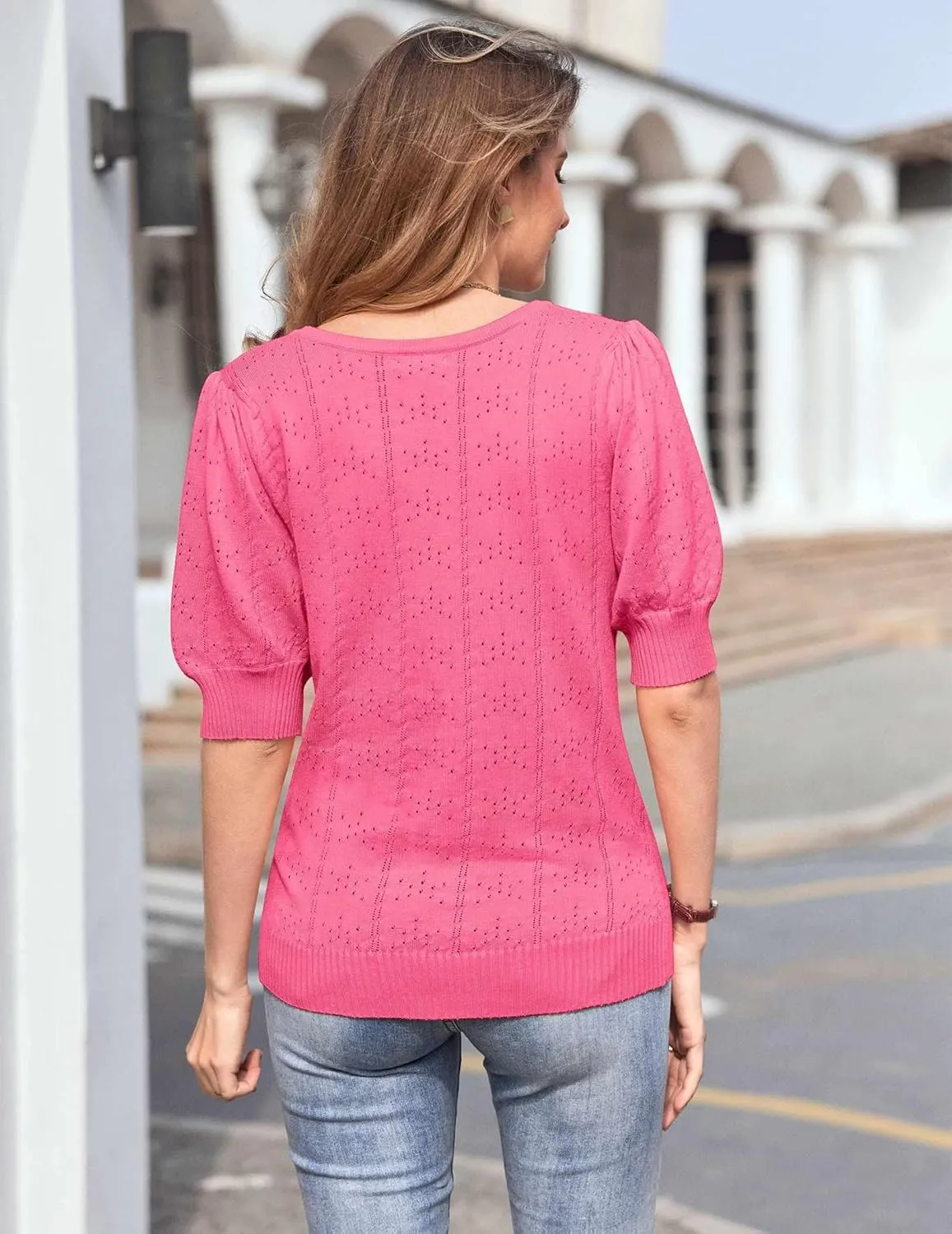 HOTOUCH Sweater for Women 2024 Fall Trendy Puff Tops Casual Eyelet Knit Square Neck Tunic Shirt Blouses S-XXL